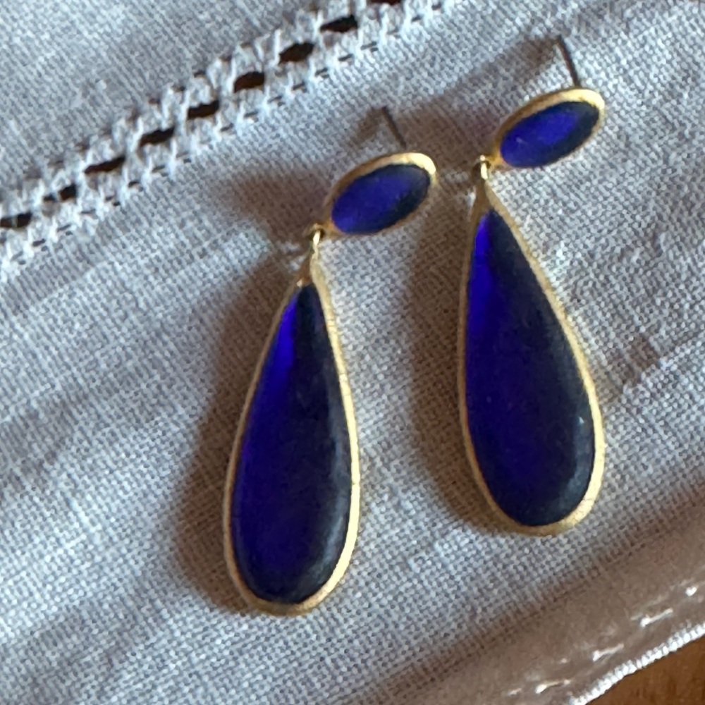 Royal Cobalt Blue and Gold Teardrop Sea Glass Earrings